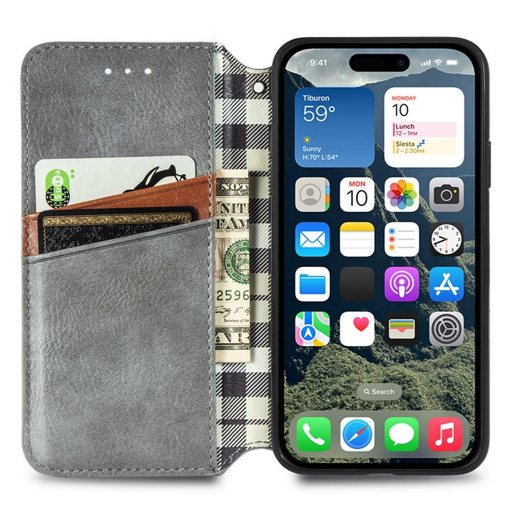 For iPhone 16 Case Rhombus Imprint PU Leather Wallet Phone Cover - Grey