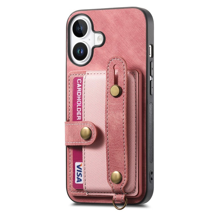 For iPhone 16 Plus Case Wristband Kickstand PU Leather Retro Back Cover Card Holder - Pink