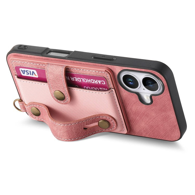 For iPhone 16 Plus Case Wristband Kickstand PU Leather Retro Back Cover Card Holder - Pink