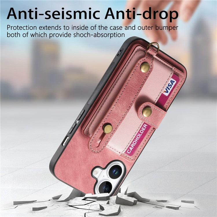 For iPhone 16 Plus Case Wristband Kickstand PU Leather Retro Back Cover Card Holder - Pink