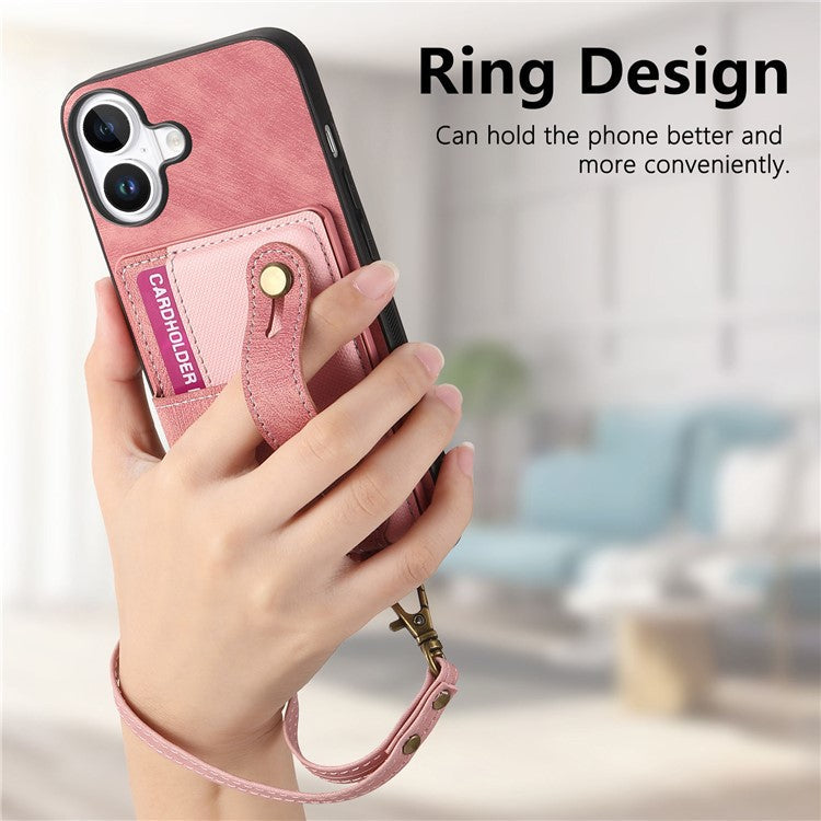 For iPhone 16 Plus Case Wristband Kickstand PU Leather Retro Back Cover Card Holder - Pink