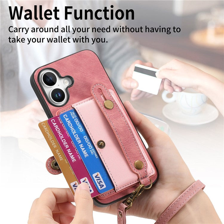 For iPhone 16 Plus Case Wristband Kickstand PU Leather Retro Back Cover Card Holder - Pink