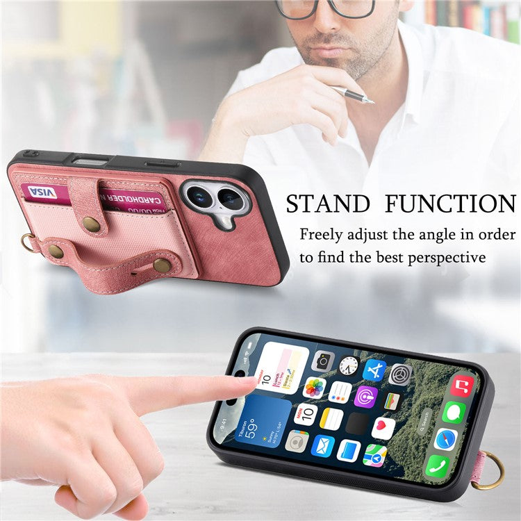 For iPhone 16 Plus Case Wristband Kickstand PU Leather Retro Back Cover Card Holder - Pink