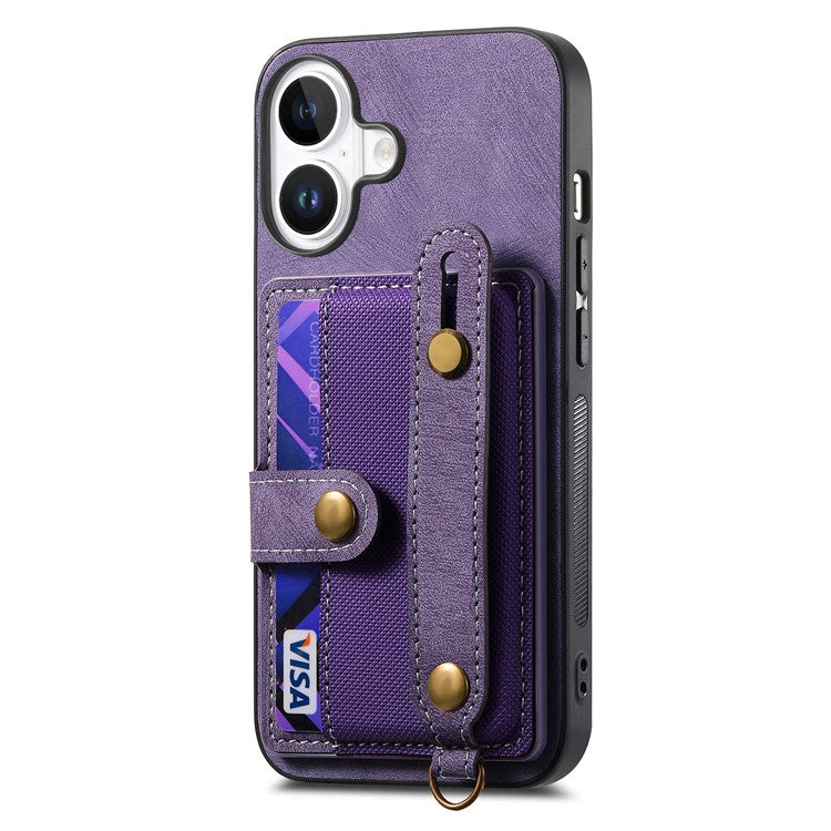 For iPhone 16 Plus Case Wristband Kickstand PU Leather Retro Back Cover Card Holder - Purple
