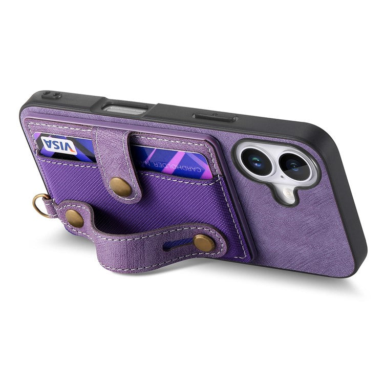 For iPhone 16 Plus Case Wristband Kickstand PU Leather Retro Back Cover Card Holder - Purple