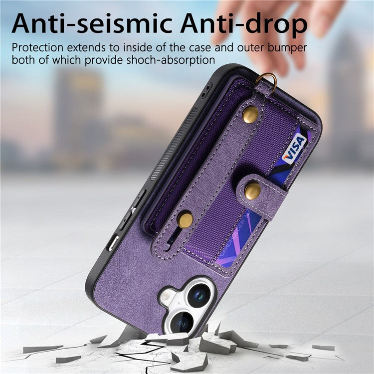 For iPhone 16 Plus Case Wristband Kickstand PU Leather Retro Back Cover Card Holder - Purple