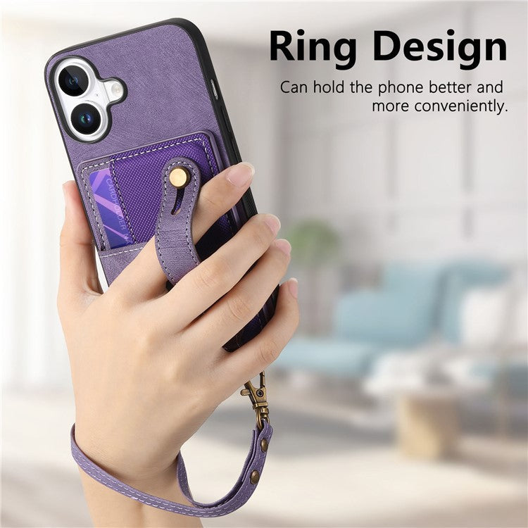For iPhone 16 Plus Case Wristband Kickstand PU Leather Retro Back Cover Card Holder - Purple