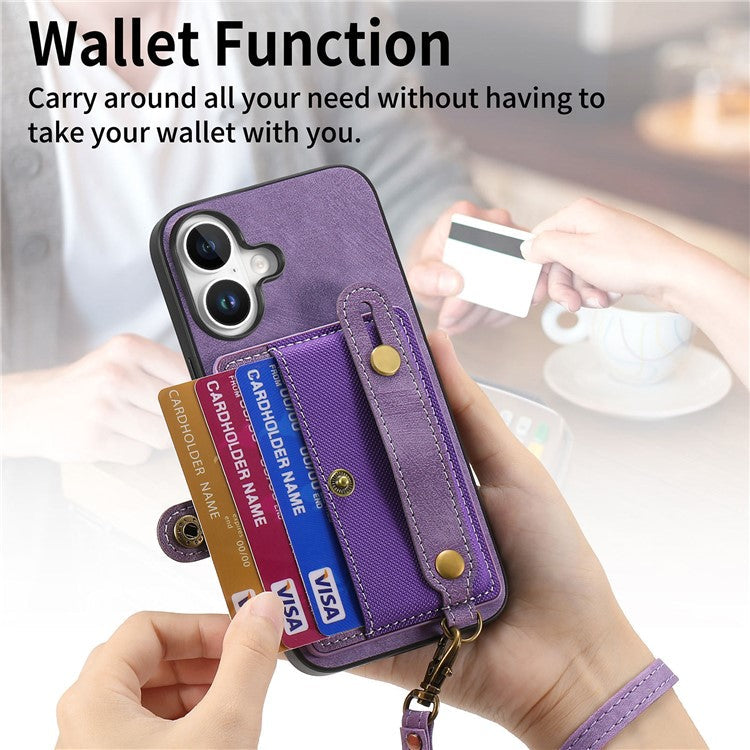 For iPhone 16 Plus Case Wristband Kickstand PU Leather Retro Back Cover Card Holder - Purple