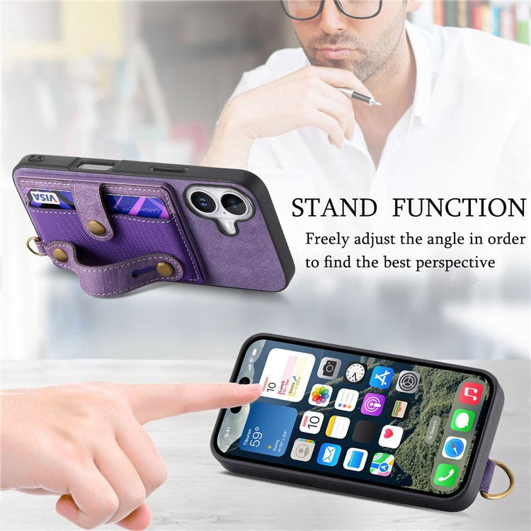 For iPhone 16 Plus Case Wristband Kickstand PU Leather Retro Back Cover Card Holder - Purple
