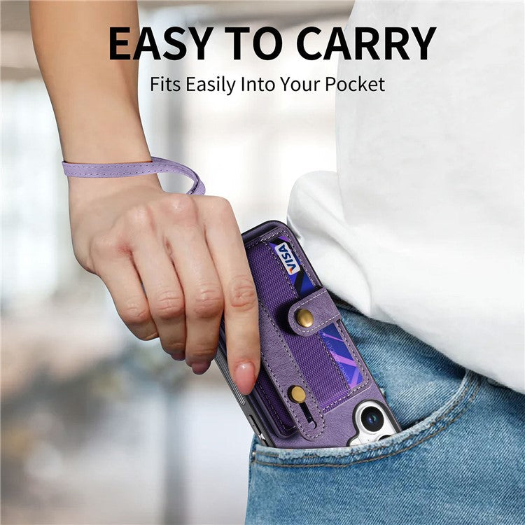 For iPhone 16 Plus Case Wristband Kickstand PU Leather Retro Back Cover Card Holder - Purple