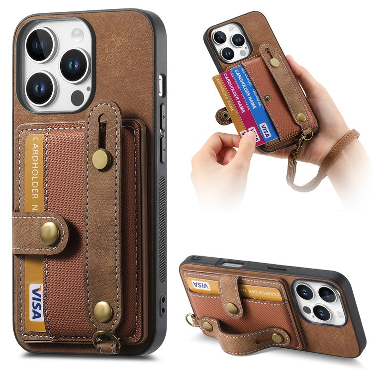 For iPhone 16 Pro Case Wristband Kickstand PU Leather Retro Back Cover Card Holder - Brown