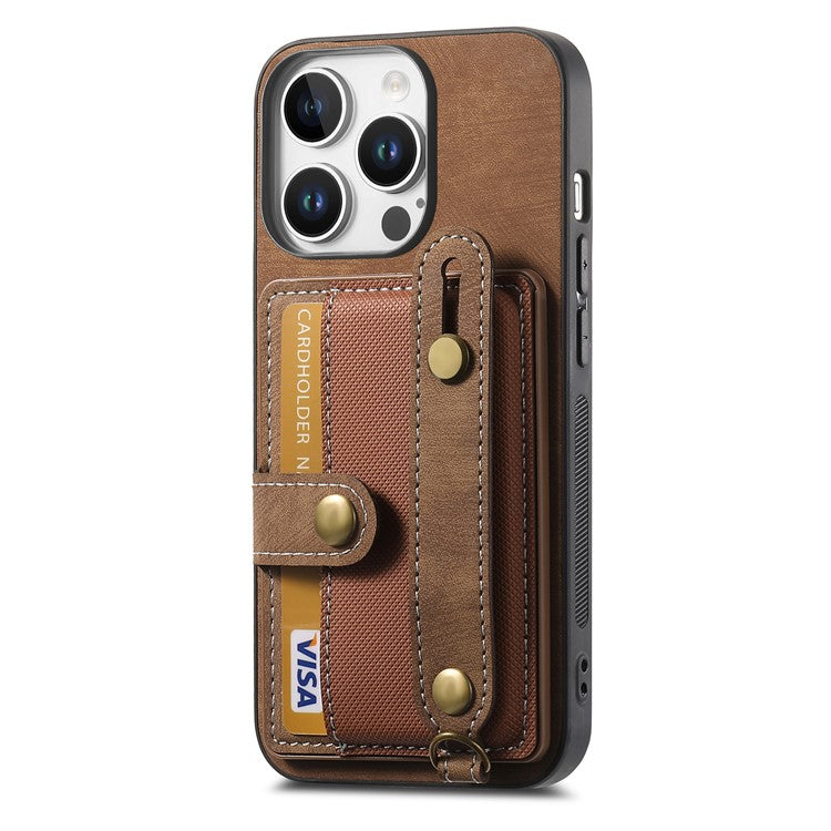 For iPhone 16 Pro Case Wristband Kickstand PU Leather Retro Back Cover Card Holder - Brown