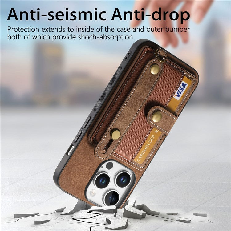 For iPhone 16 Pro Case Wristband Kickstand PU Leather Retro Back Cover Card Holder - Brown
