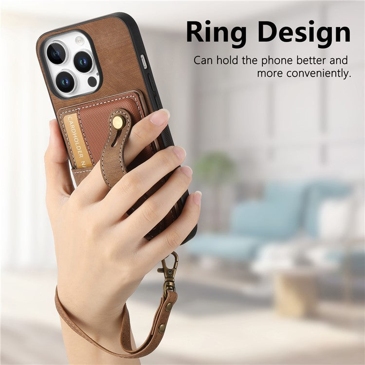 For iPhone 16 Pro Case Wristband Kickstand PU Leather Retro Back Cover Card Holder - Brown