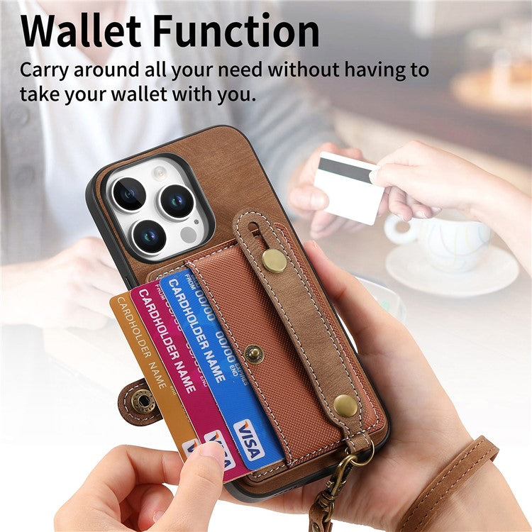 For iPhone 16 Pro Case Wristband Kickstand PU Leather Retro Back Cover Card Holder - Brown