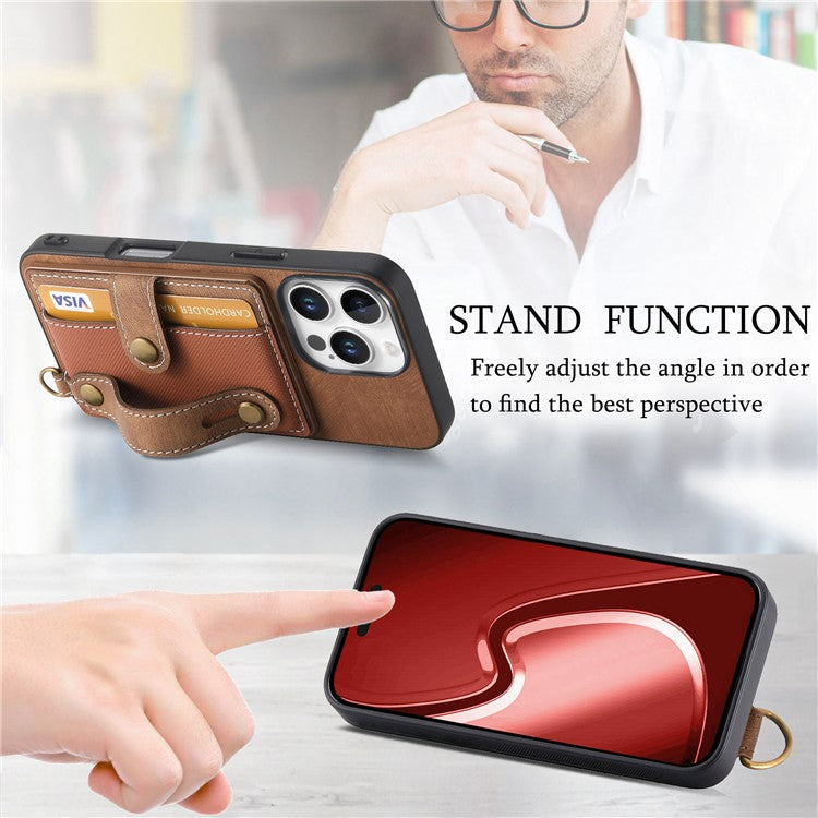 For iPhone 16 Pro Case Wristband Kickstand PU Leather Retro Back Cover Card Holder - Brown