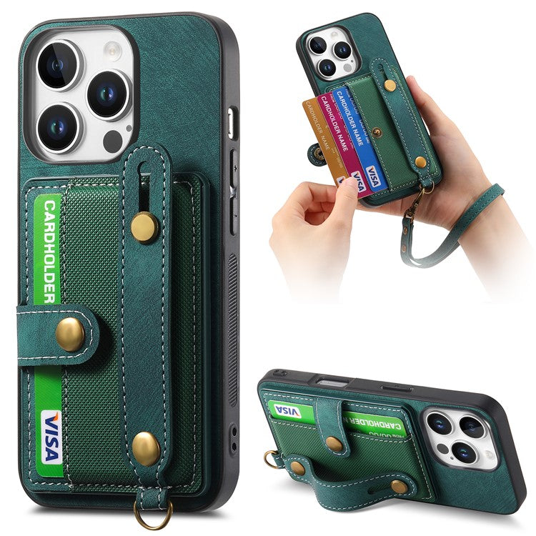 For iPhone 16 Pro Case Wristband Kickstand PU Leather Retro Back Cover Card Holder - Green