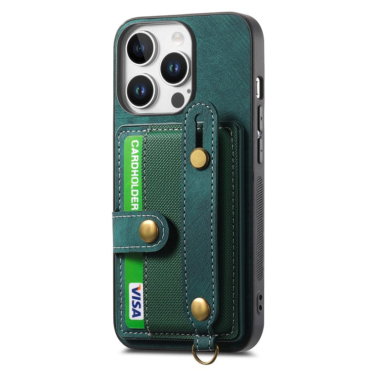 For iPhone 16 Pro Case Wristband Kickstand PU Leather Retro Back Cover Card Holder - Green