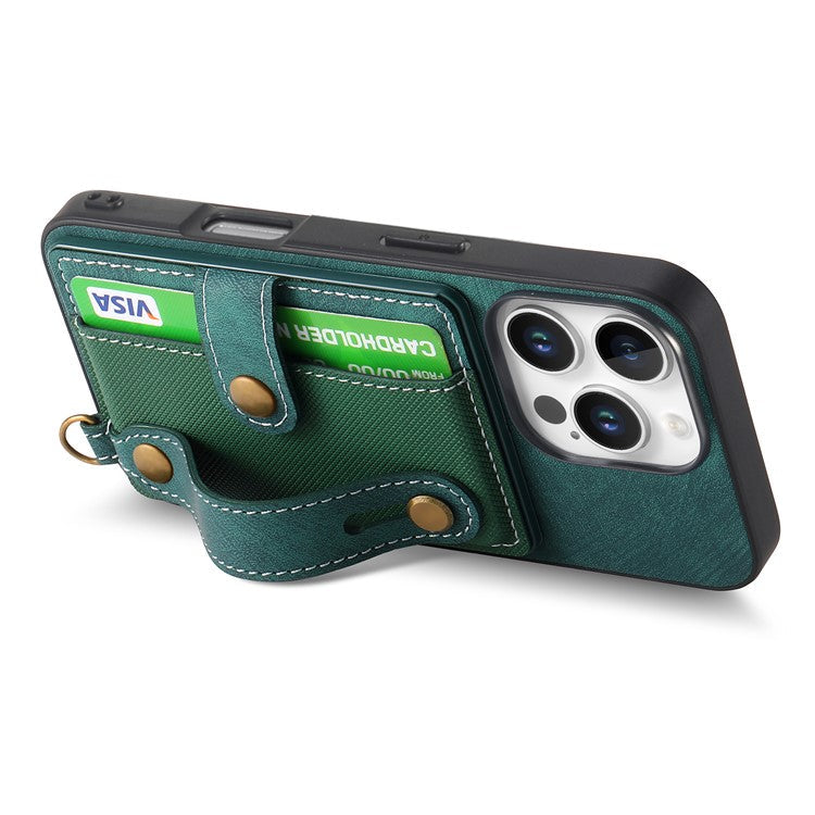For iPhone 16 Pro Case Wristband Kickstand PU Leather Retro Back Cover Card Holder - Green