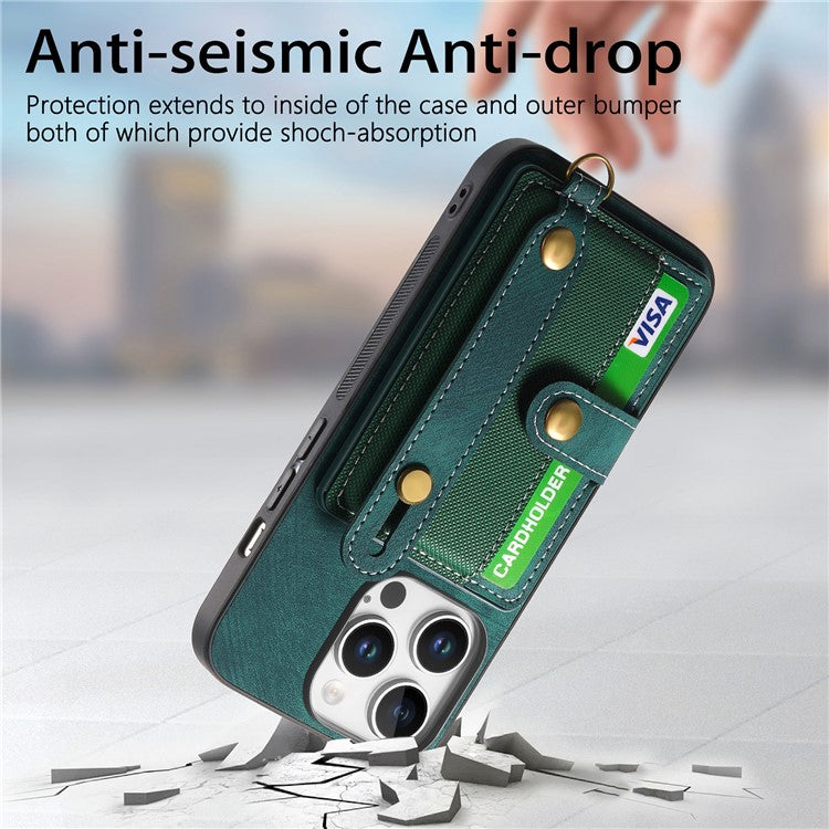 For iPhone 16 Pro Case Wristband Kickstand PU Leather Retro Back Cover Card Holder - Green