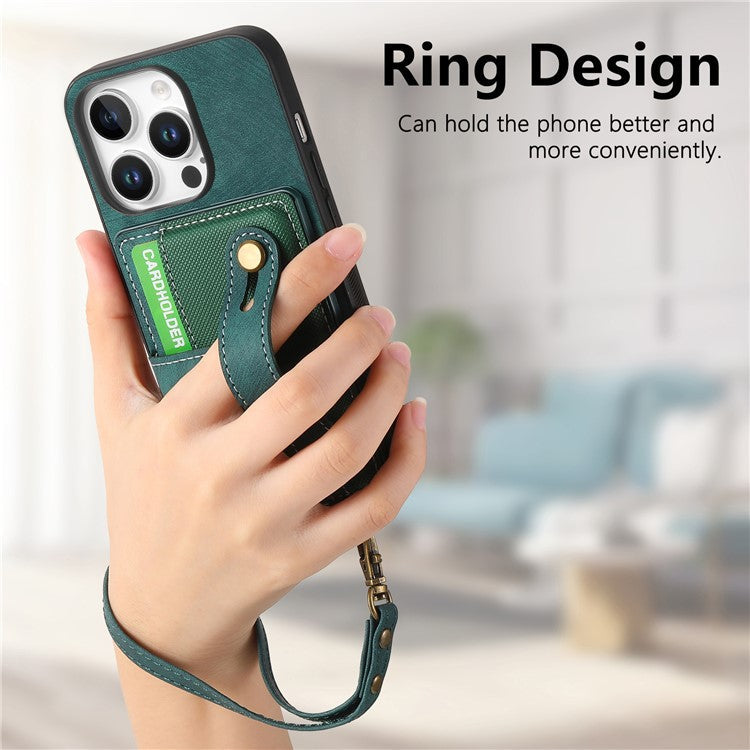 For iPhone 16 Pro Case Wristband Kickstand PU Leather Retro Back Cover Card Holder - Green