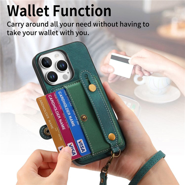 For iPhone 16 Pro Case Wristband Kickstand PU Leather Retro Back Cover Card Holder - Green
