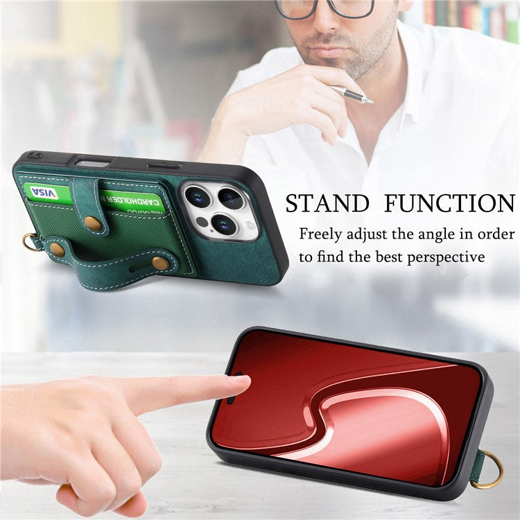 For iPhone 16 Pro Case Wristband Kickstand PU Leather Retro Back Cover Card Holder - Green