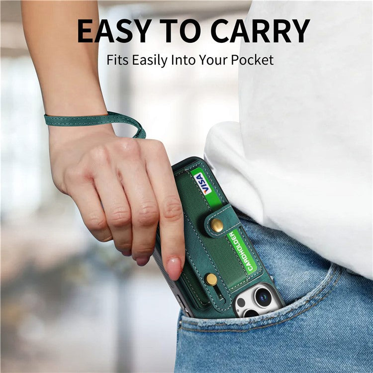 For iPhone 16 Pro Case Wristband Kickstand PU Leather Retro Back Cover Card Holder - Green