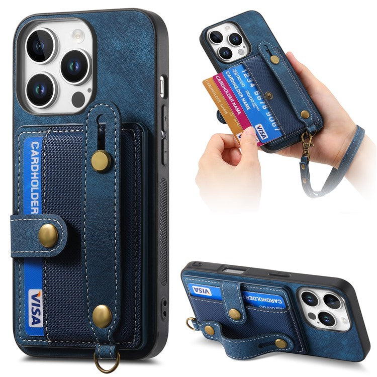 For iPhone 16 Pro Case Wristband Kickstand PU Leather Retro Back Cover Card Holder - Blue