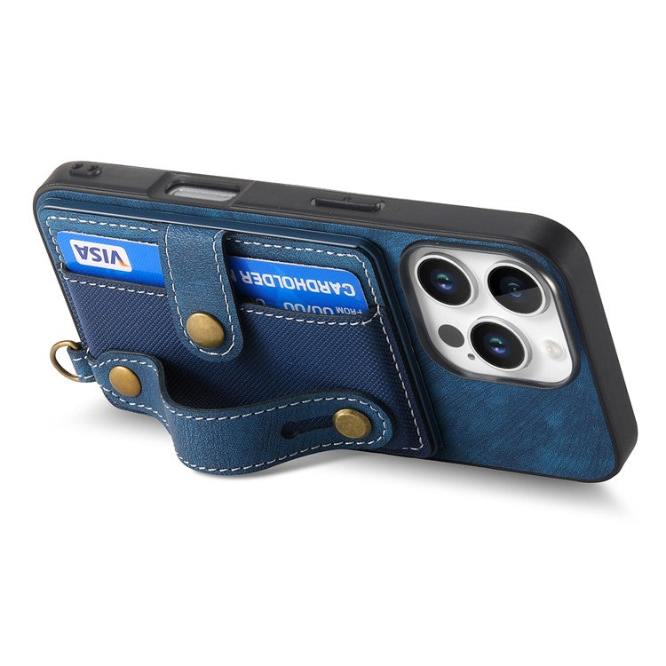 For iPhone 16 Pro Case Wristband Kickstand PU Leather Retro Back Cover Card Holder - Blue