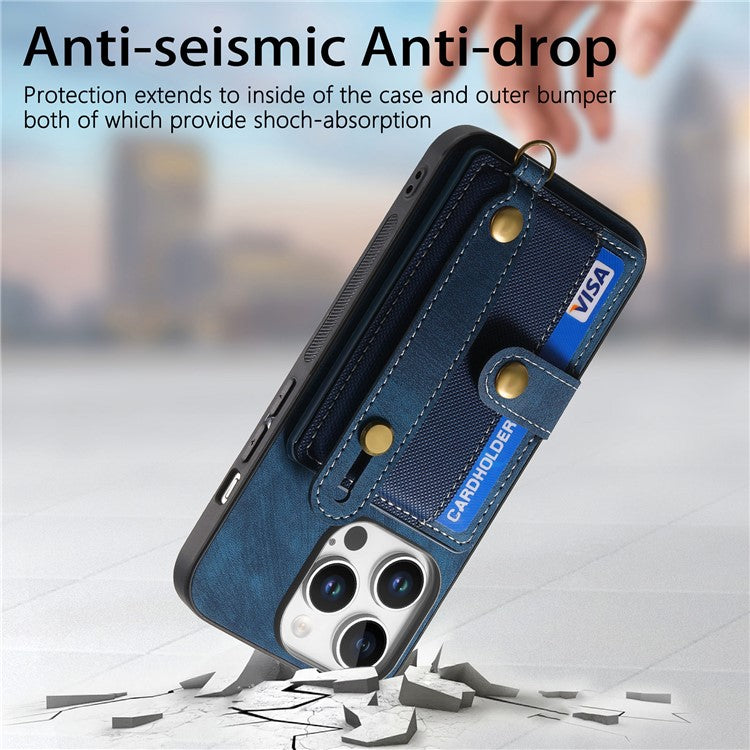 For iPhone 16 Pro Case Wristband Kickstand PU Leather Retro Back Cover Card Holder - Blue
