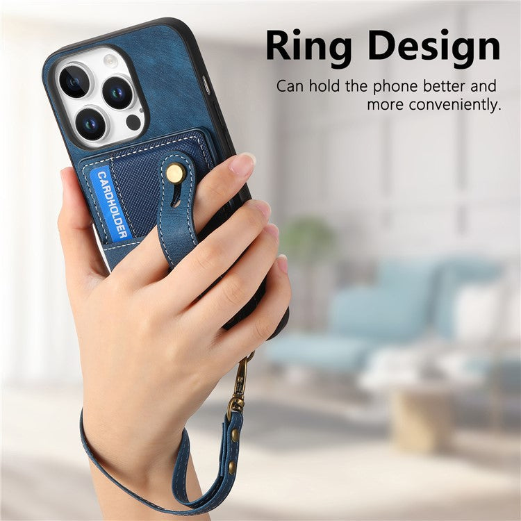 For iPhone 16 Pro Case Wristband Kickstand PU Leather Retro Back Cover Card Holder - Blue