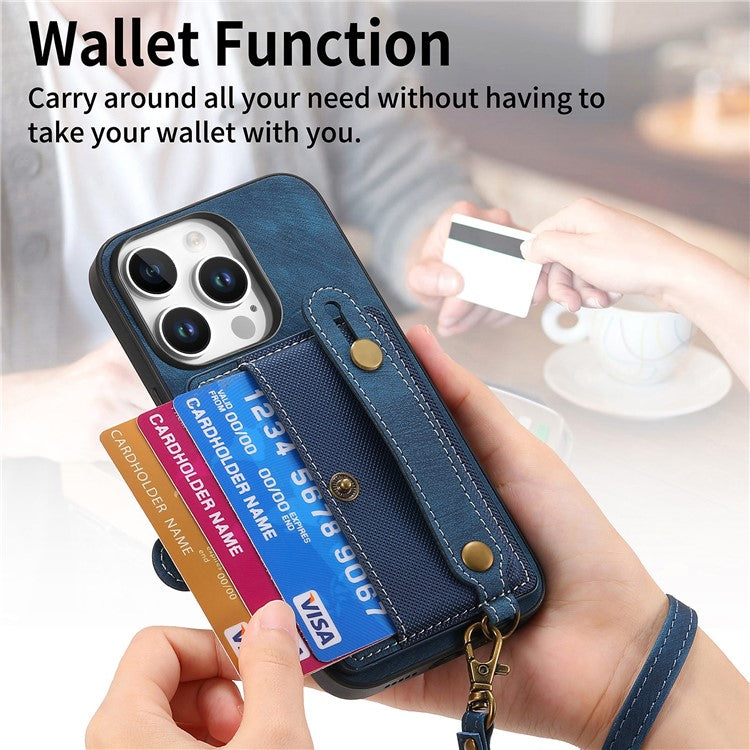For iPhone 16 Pro Case Wristband Kickstand PU Leather Retro Back Cover Card Holder - Blue