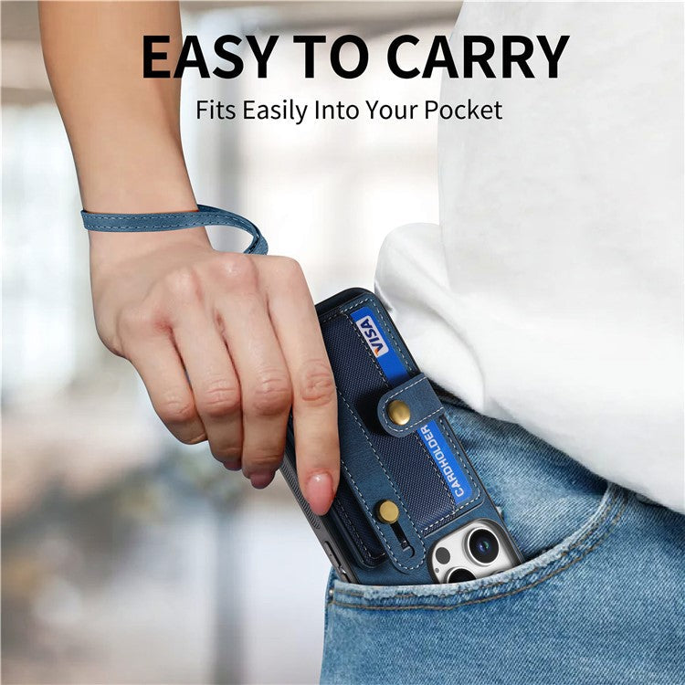 For iPhone 16 Pro Case Wristband Kickstand PU Leather Retro Back Cover Card Holder - Blue