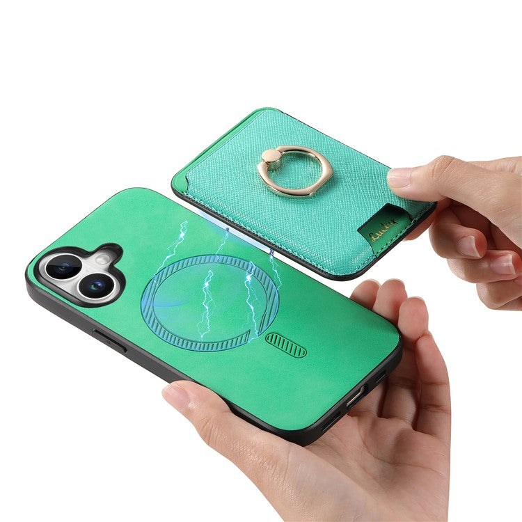 For iPhone 16 Plus Magnetic Case Leather+TPU Phone Cover Detachable Card Bag - Green