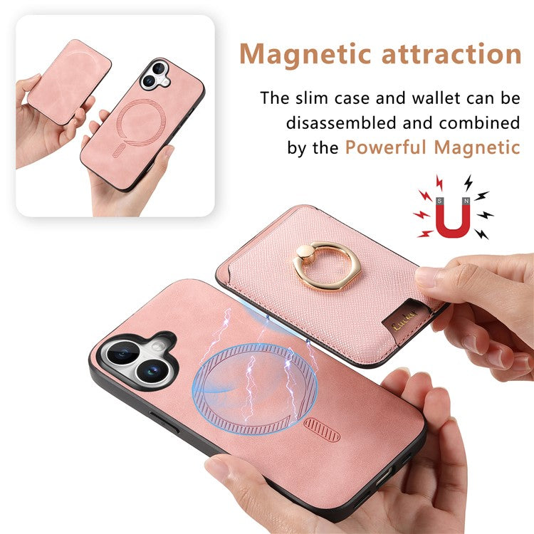 For iPhone 16 Plus Magnetic Case Leather+TPU Phone Cover Detachable Card Bag - Green