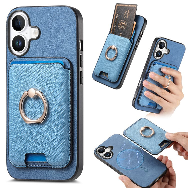 For iPhone 16 Magnetic Case Leather+TPU Phone Cover Detachable Card Bag - Blue