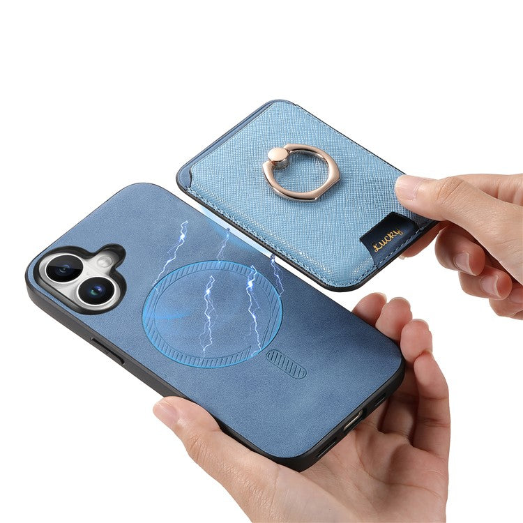 For iPhone 16 Magnetic Case Leather+TPU Phone Cover Detachable Card Bag - Blue