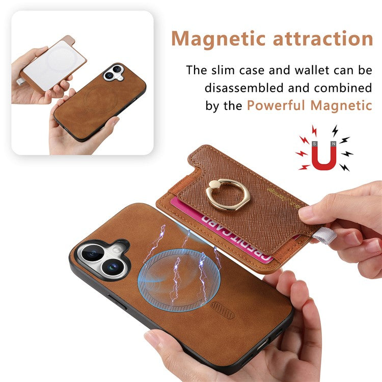 B5 For iPhone 16 Plus Case 2-in-1 Magnetic Detachable Card Holder Leather+TPU Phone Cover - Brown