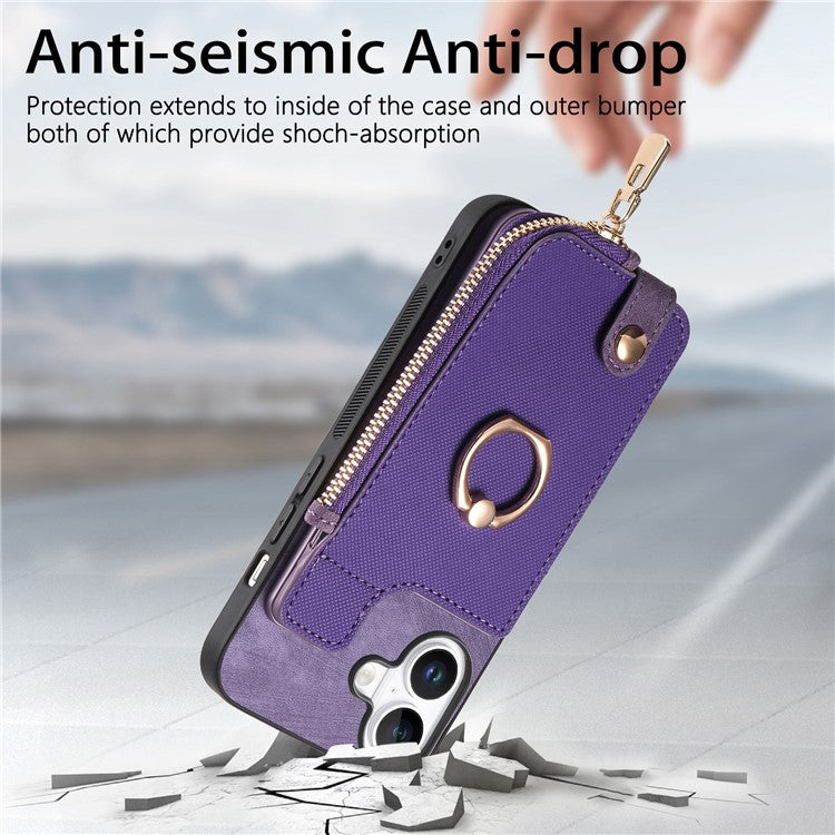 For iPhone 16 Case Zipper Pocket Kickstand Leather Phone Back Cover - Brown