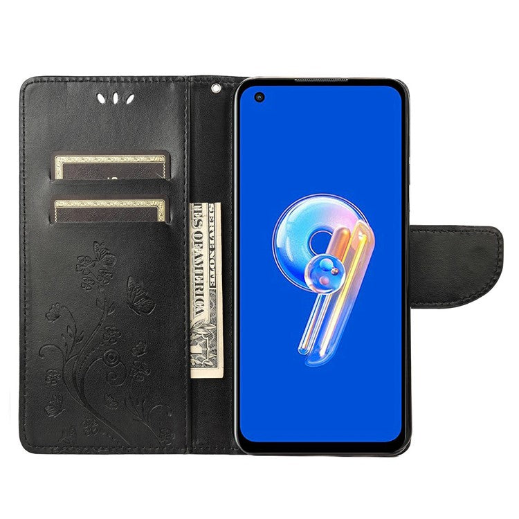 For Asus Zenfone 9 5G PU Leather Wallet Case Imprinting Flower Butterflies Magnetic Closure Stand Flip Cover with Strap - Black