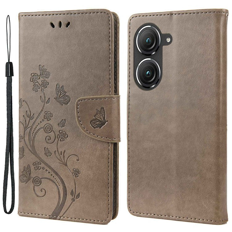 For Asus Zenfone 9 5G PU Leather Wallet Case Imprinting Flower Butterflies Magnetic Closure Stand Flip Cover with Strap - Grey