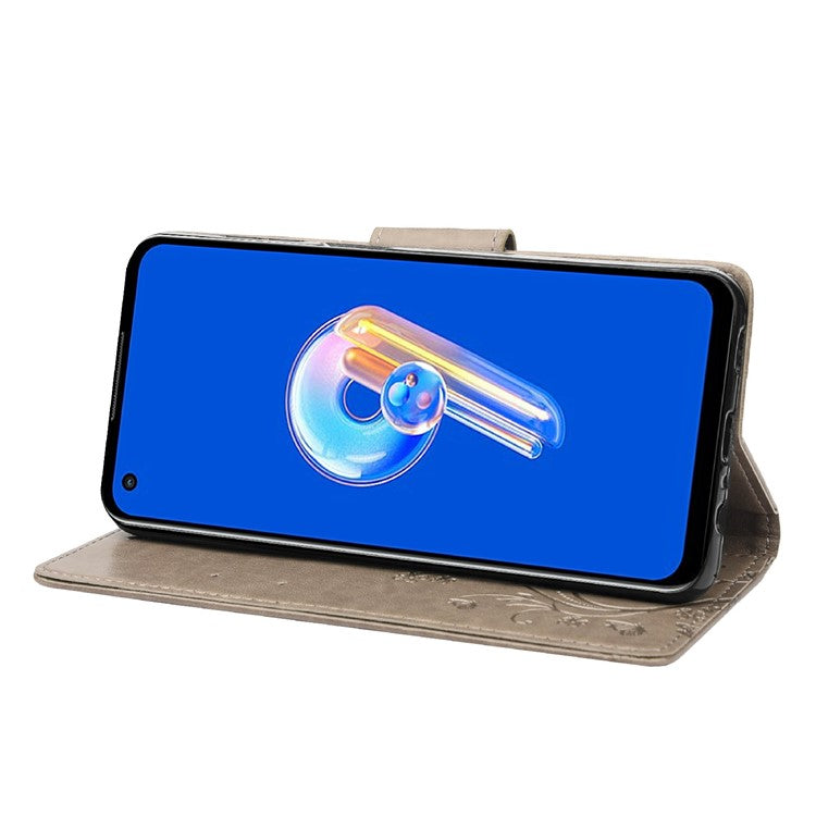 For Asus Zenfone 9 5G PU Leather Wallet Case Imprinting Flower Butterflies Magnetic Closure Stand Flip Cover with Strap - Grey