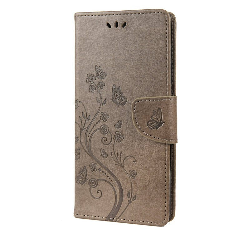 For Asus Zenfone 9 5G PU Leather Wallet Case Imprinting Flower Butterflies Magnetic Closure Stand Flip Cover with Strap - Grey