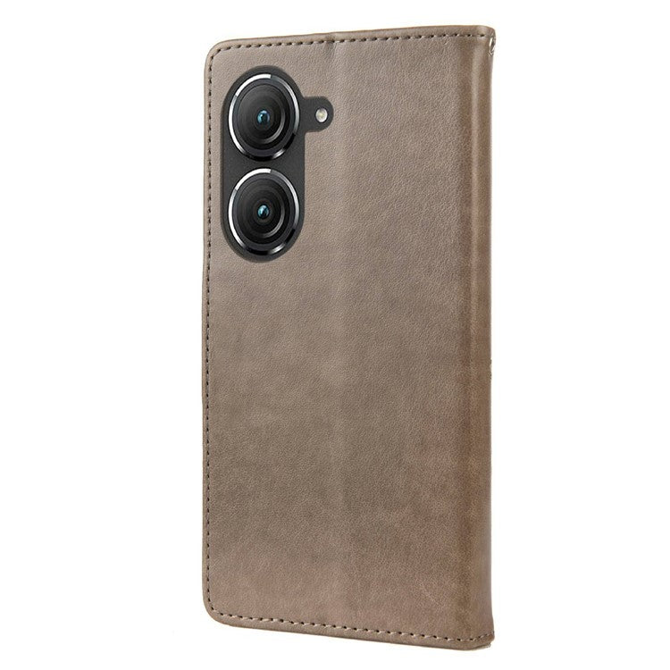 For Asus Zenfone 9 5G PU Leather Wallet Case Imprinting Flower Butterflies Magnetic Closure Stand Flip Cover with Strap - Grey