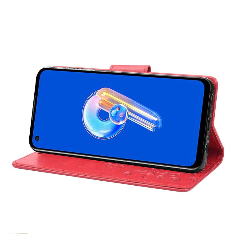 For Asus Zenfone 9 5G PU Leather Wallet Case Imprinting Flower Butterflies Magnetic Closure Stand Flip Cover with Strap - Red