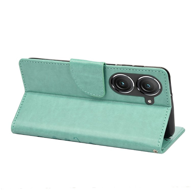 For Asus Zenfone 9 5G PU Leather Wallet Case Imprinting Flower Butterflies Magnetic Closure Stand Flip Cover with Strap - Green