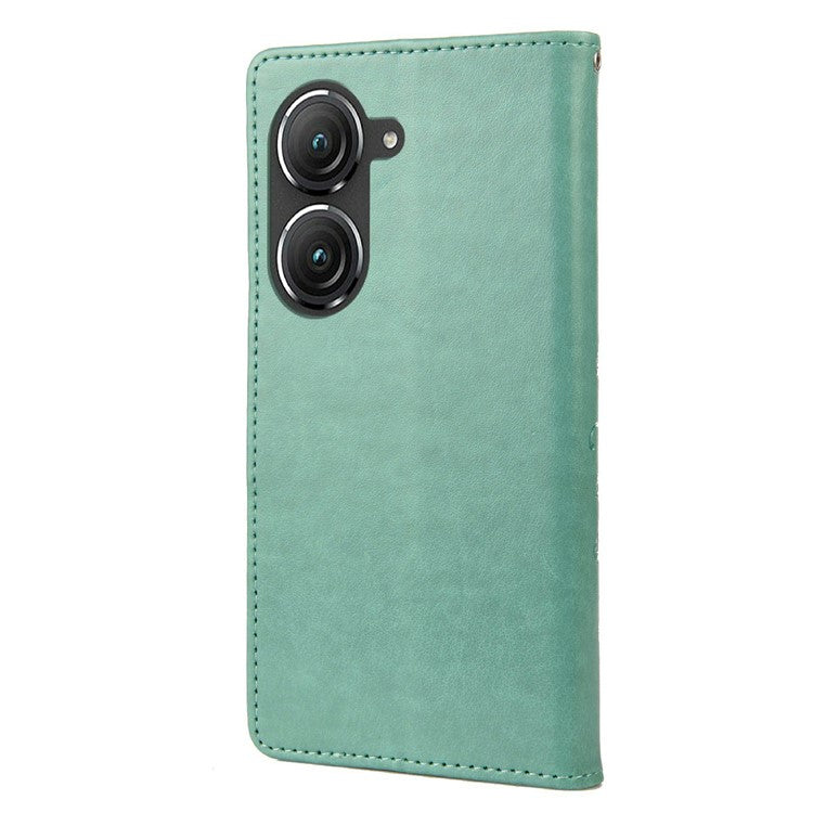 For Asus Zenfone 9 5G PU Leather Wallet Case Imprinting Flower Butterflies Magnetic Closure Stand Flip Cover with Strap - Green