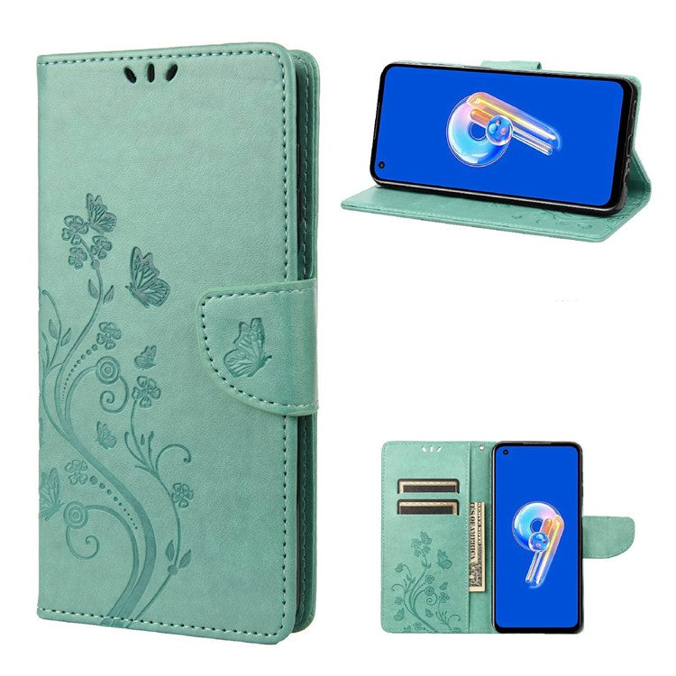 For Asus Zenfone 9 5G PU Leather Wallet Case Imprinting Flower Butterflies Magnetic Closure Stand Flip Cover with Strap - Green