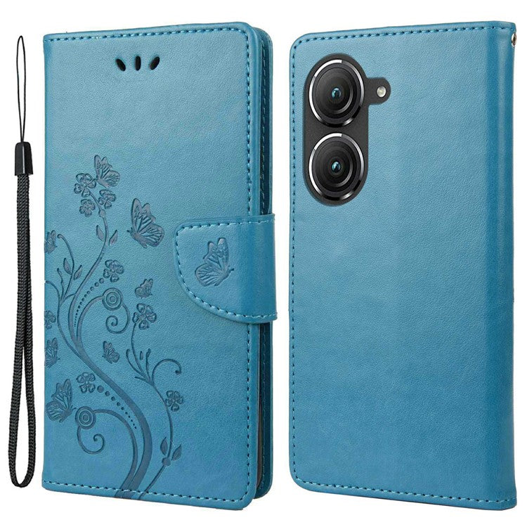 For Asus Zenfone 9 5G PU Leather Wallet Case Imprinting Flower Butterflies Magnetic Closure Stand Flip Cover with Strap - Blue